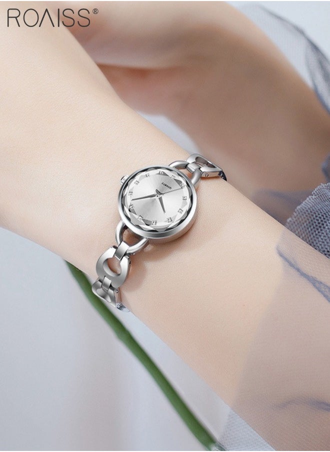 Women's Skeletonized Bracelet Quartz Watch, Analog Display Round Silver Dial Watch with Rhinestones Decoration, Waterproof Elegant Watch as Gift for Women