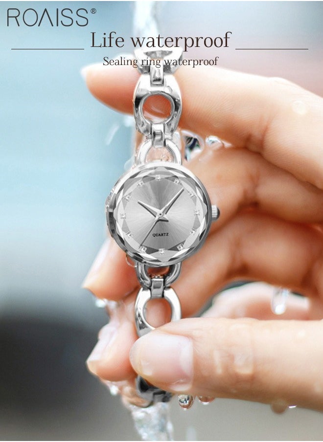 Women's Skeletonized Bracelet Quartz Watch, Analog Display Round Silver Dial Watch with Rhinestones Decoration, Waterproof Elegant Watch as Gift for Women