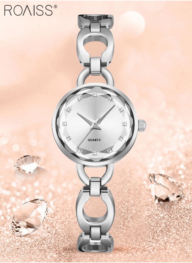 Women's Skeletonized Bracelet Quartz Watch, Analog Display Round Silver Dial Watch with Rhinestones Decoration, Waterproof Elegant Watch as Gift for Women