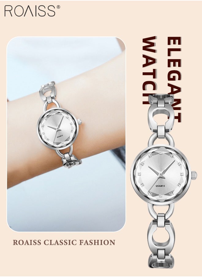 Women's Skeletonized Bracelet Quartz Watch, Analog Display Round Silver Dial Watch with Rhinestones Decoration, Waterproof Elegant Watch as Gift for Women