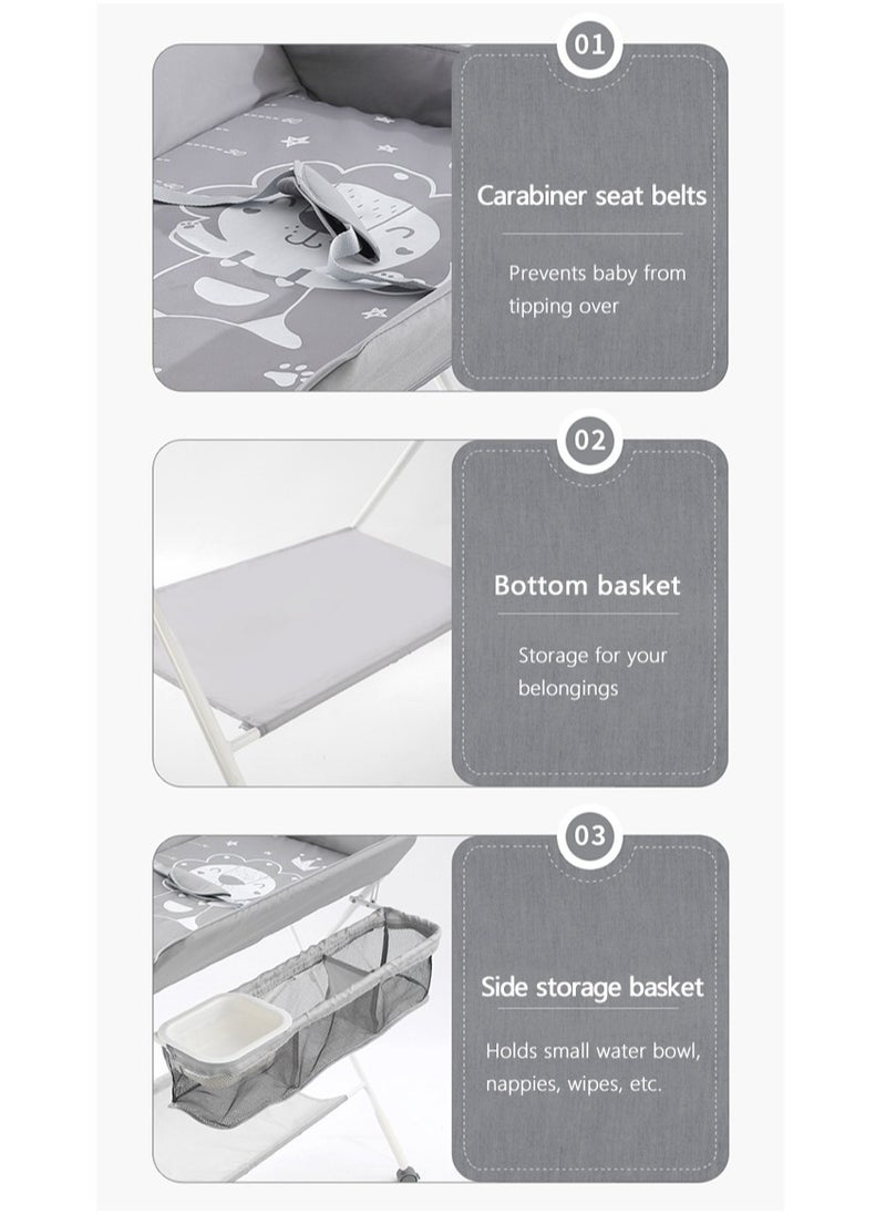 Baby Portable Diaper Changing Table, Foldable Changing Table for Baby with Wheels, Baby Diaper Changing Station with 3-Level Adjustable Height, Portable Changing Table with Large Organizers Grey