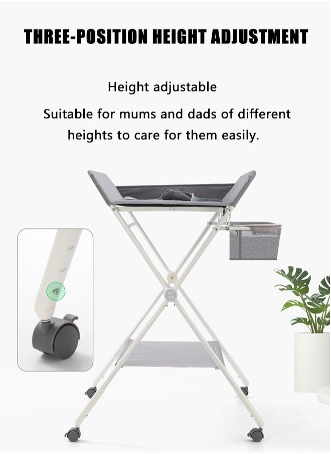 Baby Portable Diaper Changing Table, Foldable Changing Table for Baby with Wheels, Baby Diaper Changing Station with 3-Level Adjustable Height, Portable Changing Table with Large Organizers Grey
