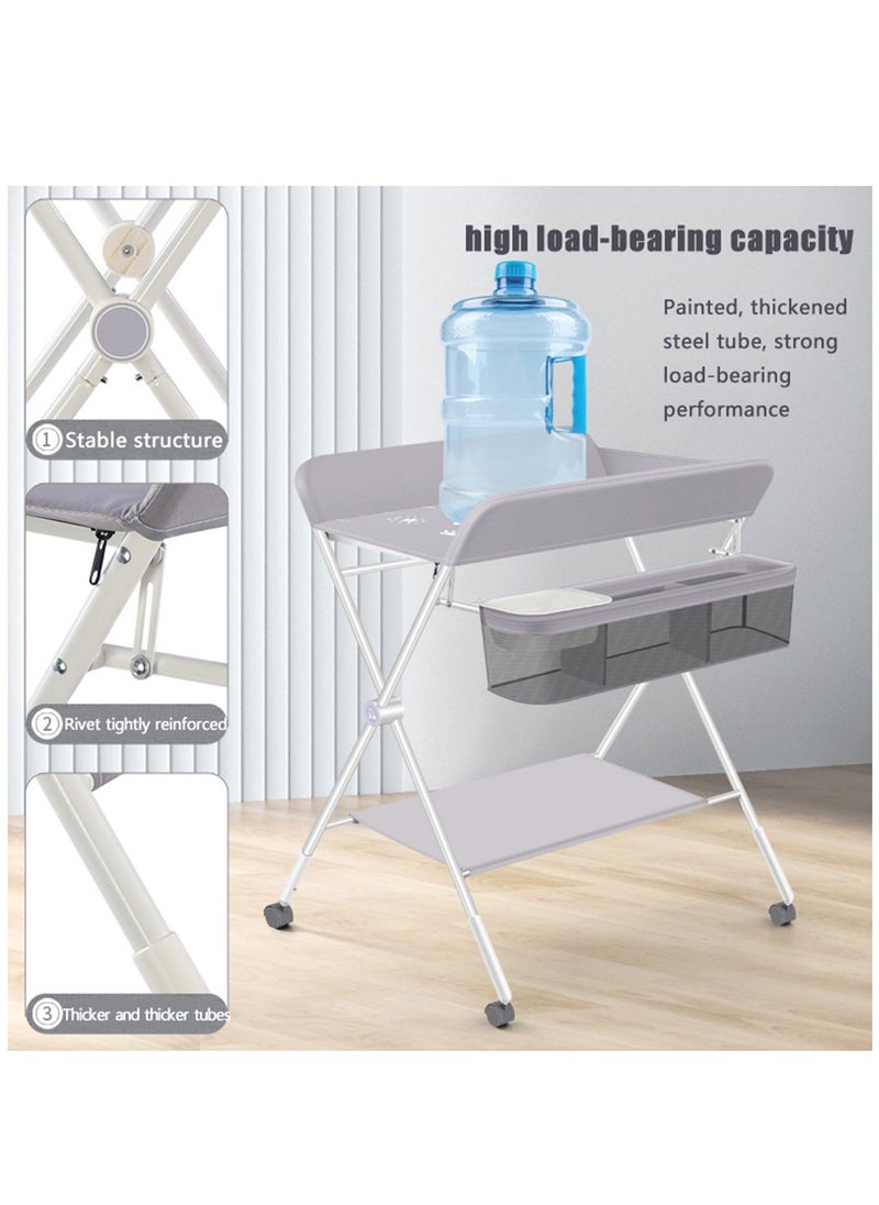 Baby Portable Diaper Changing Table, Foldable Changing Table for Baby with Wheels, Baby Diaper Changing Station with 3-Level Adjustable Height, Portable Changing Table with Large Organizers Grey