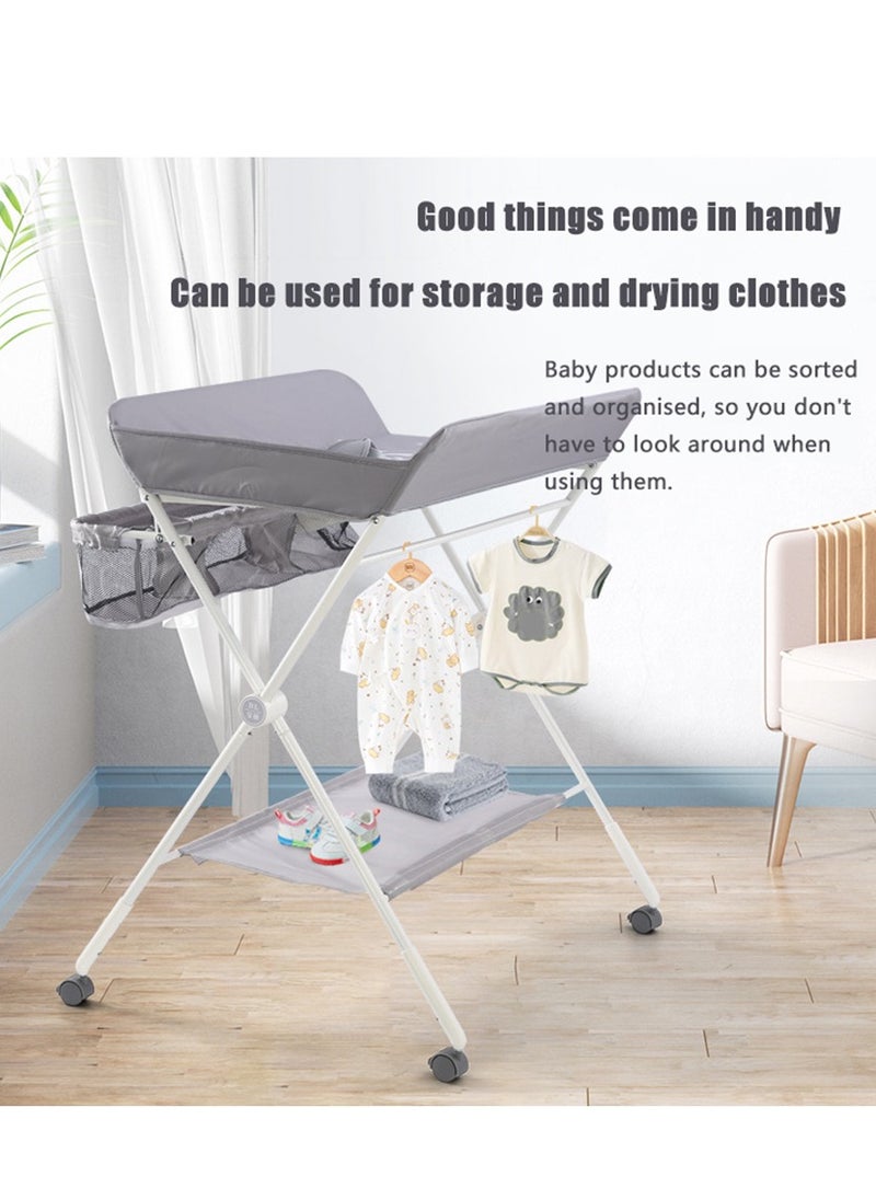 Baby Portable Diaper Changing Table, Foldable Changing Table for Baby with Wheels, Baby Diaper Changing Station with 3-Level Adjustable Height, Portable Changing Table with Large Organizers Grey