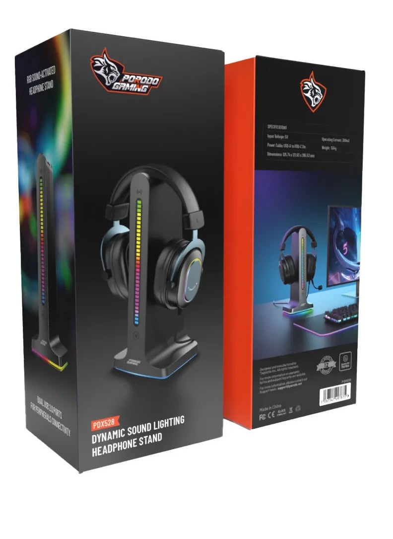 Stand Gaming RGB Dynamic Sound Lighting Headphone Stand with Cable Storage 300mAh - Black