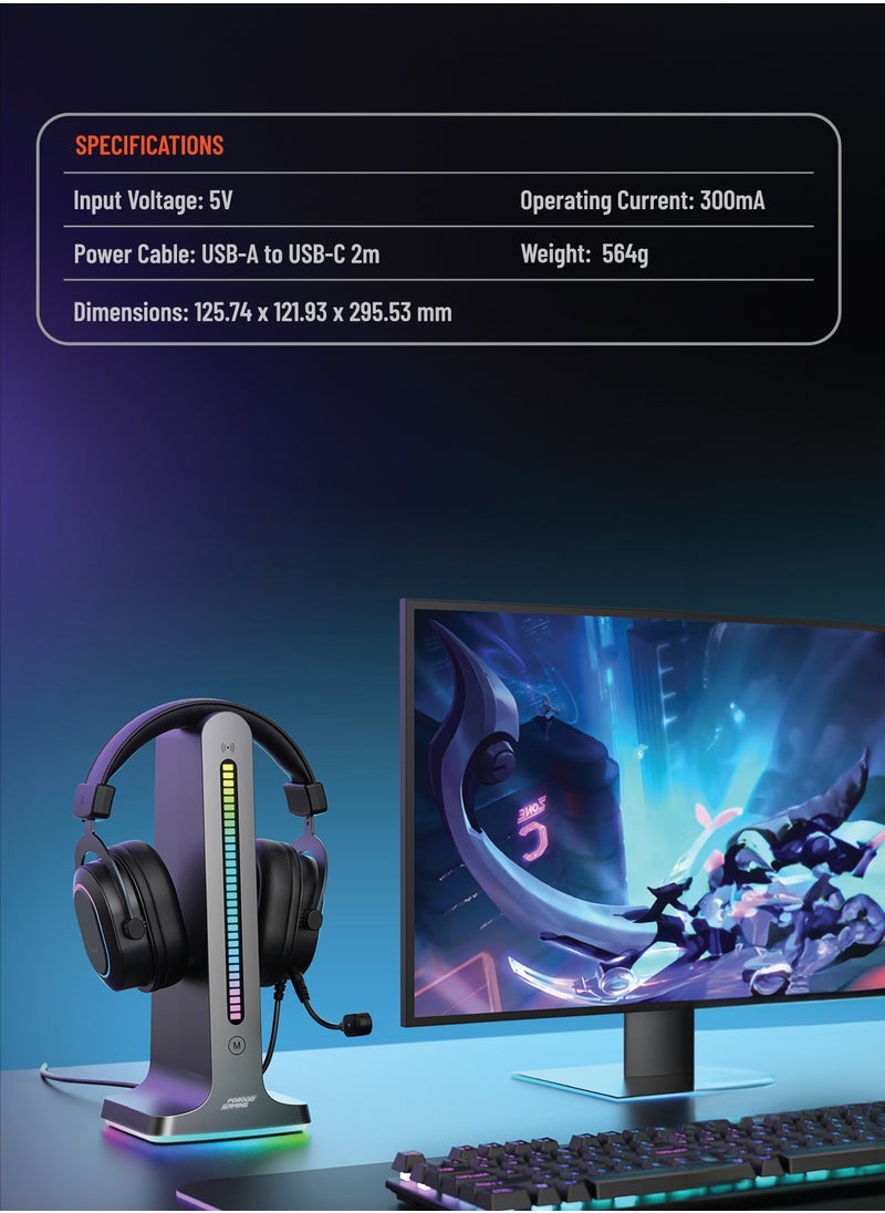 Stand Gaming RGB Dynamic Sound Lighting Headphone Stand with Cable Storage 300mAh - Black