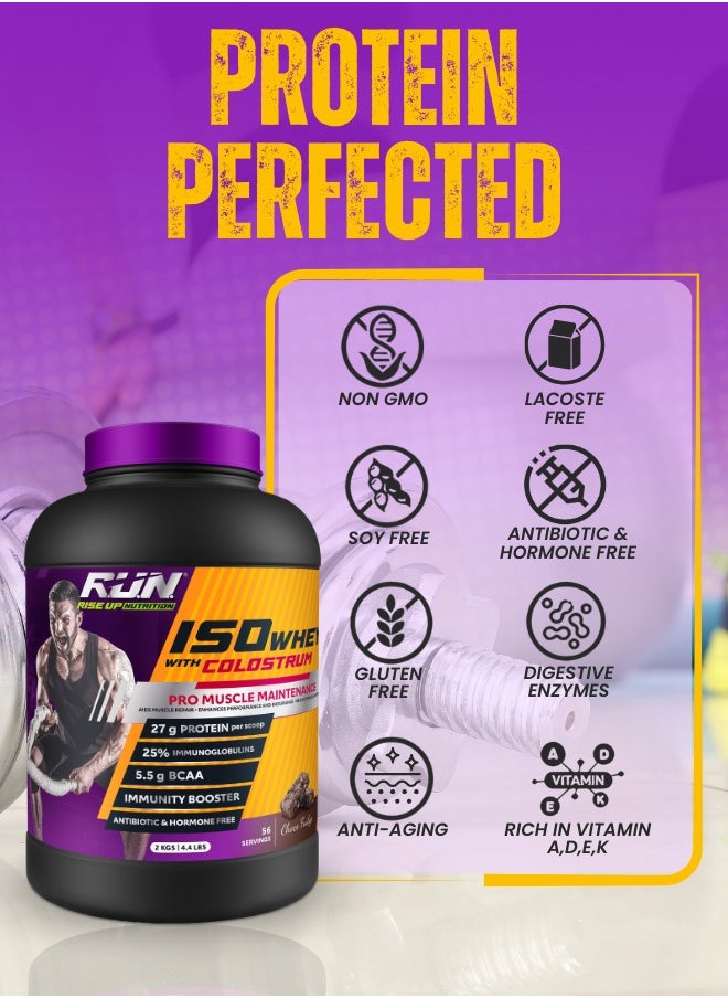 ISO WHEY With Colostrum, Lactose Free, Soy Free, Pro Muscle Maintenance, 27G Protein, 5.5G BCAA, Immunity Booster, 2KG (Choco Fudge)