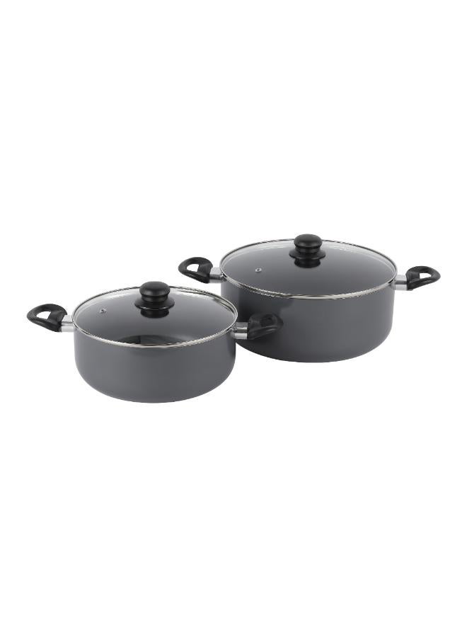 Royalford 10pcs Non Stick Cookware Set RF11972 Press Aluminum Body with 3 Layer Coating CD Base Bakelite Handles and Tempered Glass Lid Grey Large