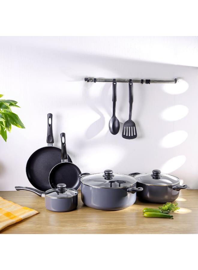 Royalford 10pcs Non Stick Cookware Set RF11972 Press Aluminum Body with 3 Layer Coating CD Base Bakelite Handles and Tempered Glass Lid Grey Large