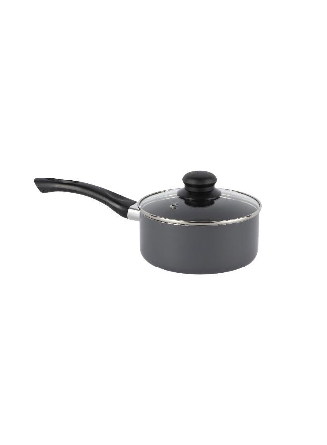 Royalford 10pcs Non Stick Cookware Set RF11972 Press Aluminum Body with 3 Layer Coating CD Base Bakelite Handles and Tempered Glass Lid Grey Large