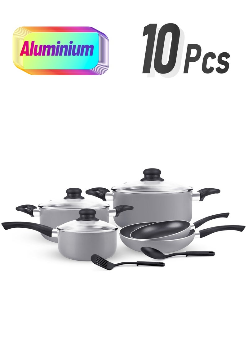 Royalford 10pcs Non Stick Cookware Set RF11972 Press Aluminum Body with 3 Layer Coating CD Base Bakelite Handles and Tempered Glass Lid Grey Large