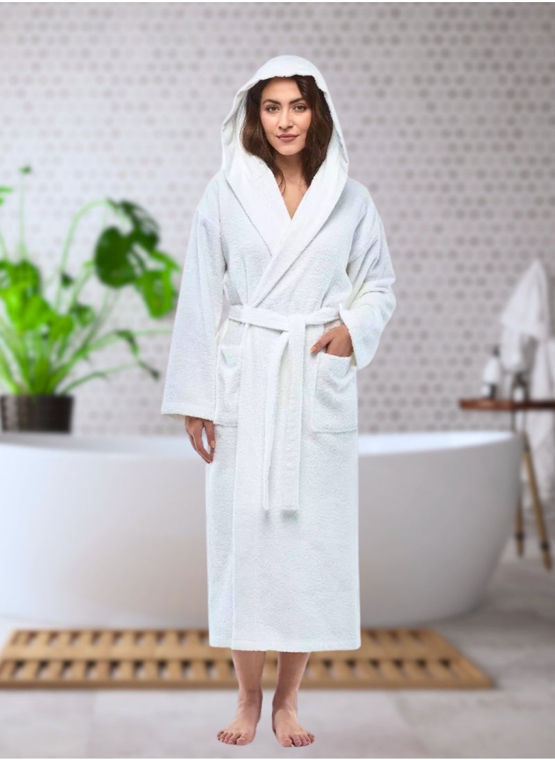 Luxury Hooded Bathrobe for Adults – Ultra-Soft, Absorbent 100% Cotton Robe for Men & Women | Spa & Hotel Comfort, White
