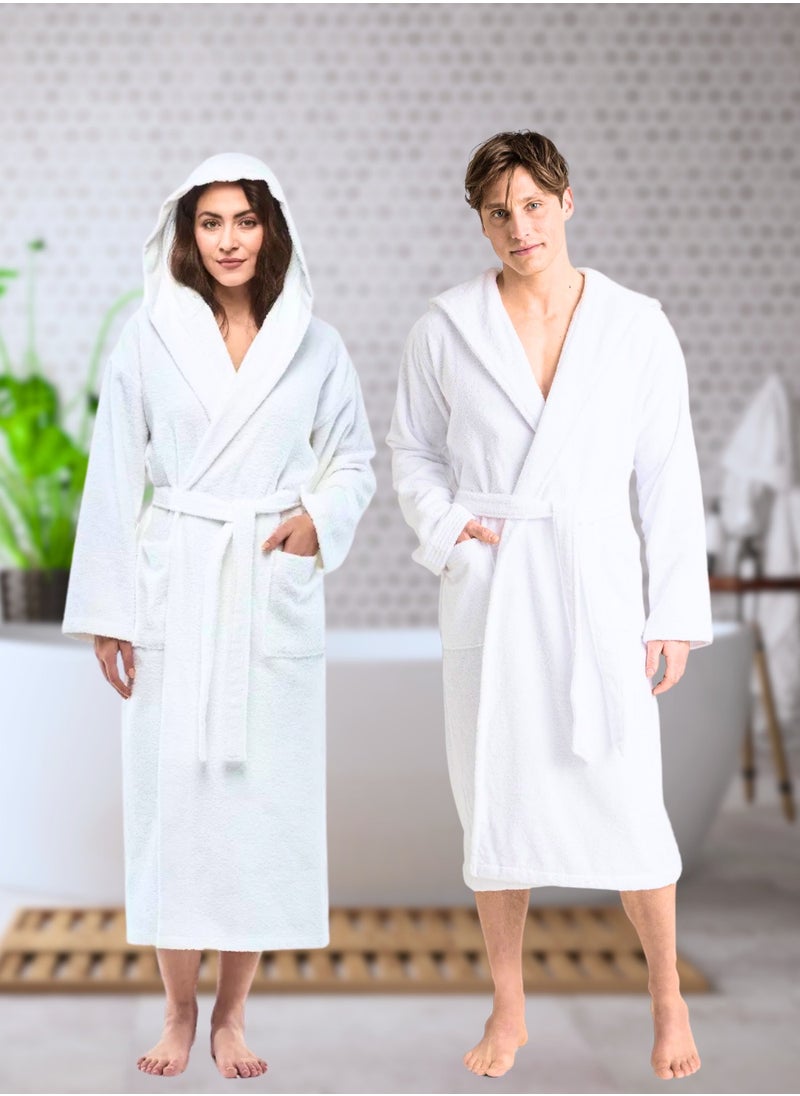 Luxury Hooded Bathrobe for Adults – Ultra-Soft, Absorbent 100% Cotton Robe for Men & Women | Spa & Hotel Comfort, White
