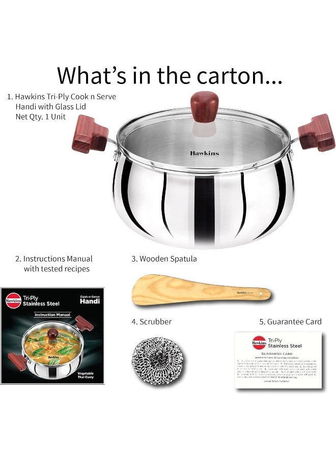 Hawkins 4 Litre Cook n Serve Handi with Glass Lid, Induction Compatible Tri-Ply Stainless Steel Cookware, Cooking Pot, Saucepan, Silver