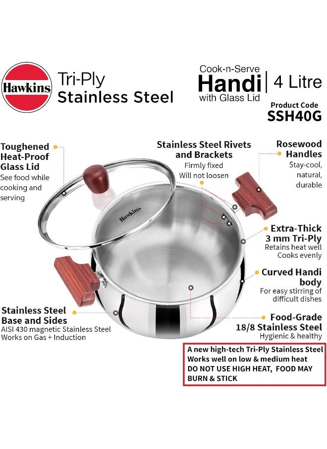 Hawkins 4 Litre Cook n Serve Handi with Glass Lid, Induction Compatible Tri-Ply Stainless Steel Cookware, Cooking Pot, Saucepan, Silver
