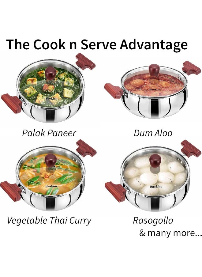Hawkins 4 Litre Cook n Serve Handi with Glass Lid, Induction Compatible Tri-Ply Stainless Steel Cookware, Cooking Pot, Saucepan, Silver