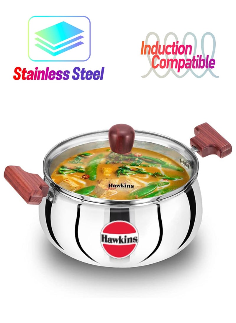 Hawkins 4 Litre Cook n Serve Handi with Glass Lid, Induction Compatible Tri-Ply Stainless Steel Cookware, Cooking Pot, Saucepan, Silver
