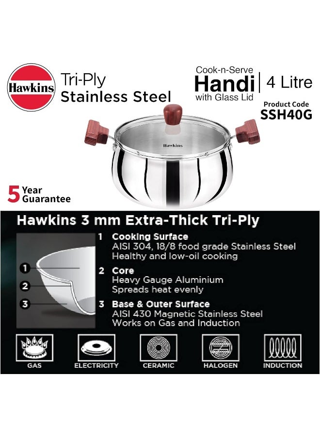 Hawkins 4 Litre Cook n Serve Handi with Glass Lid, Induction Compatible Tri-Ply Stainless Steel Cookware, Cooking Pot, Saucepan, Silver