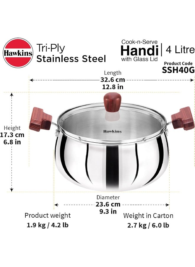 Hawkins 4 Litre Cook n Serve Handi with Glass Lid, Induction Compatible Tri-Ply Stainless Steel Cookware, Cooking Pot, Saucepan, Silver