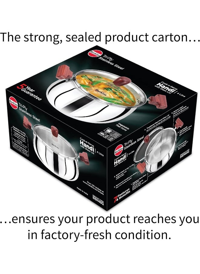 Hawkins 4 Litre Cook n Serve Handi with Glass Lid, Induction Compatible Tri-Ply Stainless Steel Cookware, Cooking Pot, Saucepan, Silver
