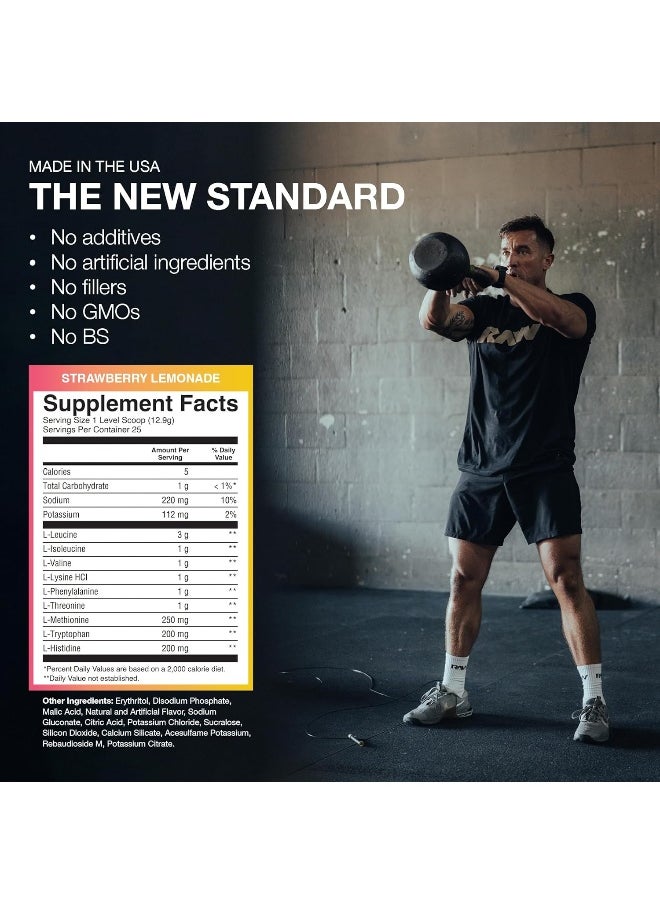 RAW EAA Amino Acids Powder, Strawberry Lemonade (25 Servings) - Pre Workout Amino Energy Powder for Strength, Endurance, Recovery & Lean Muscle Growth - BCAA Amino Acids Supplement for Men & Women