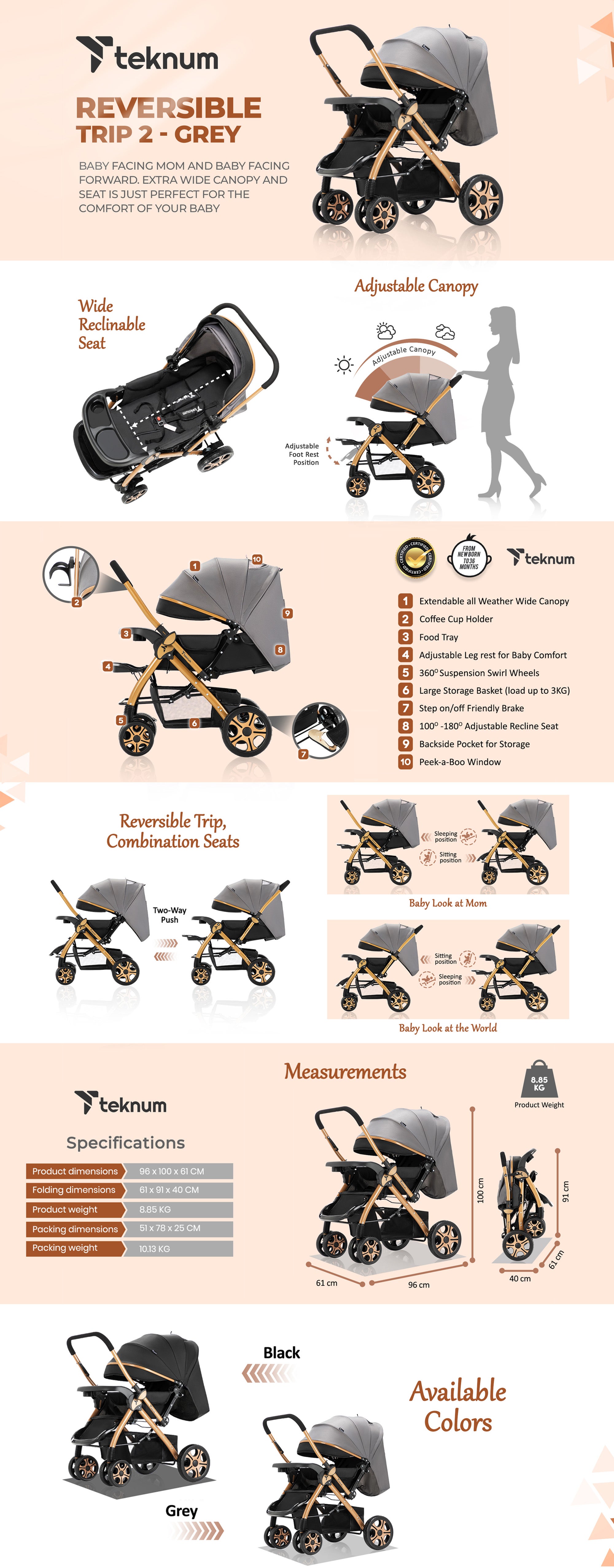 Reversible Trip2 Stroller With Extra-wide Canopy - Grey