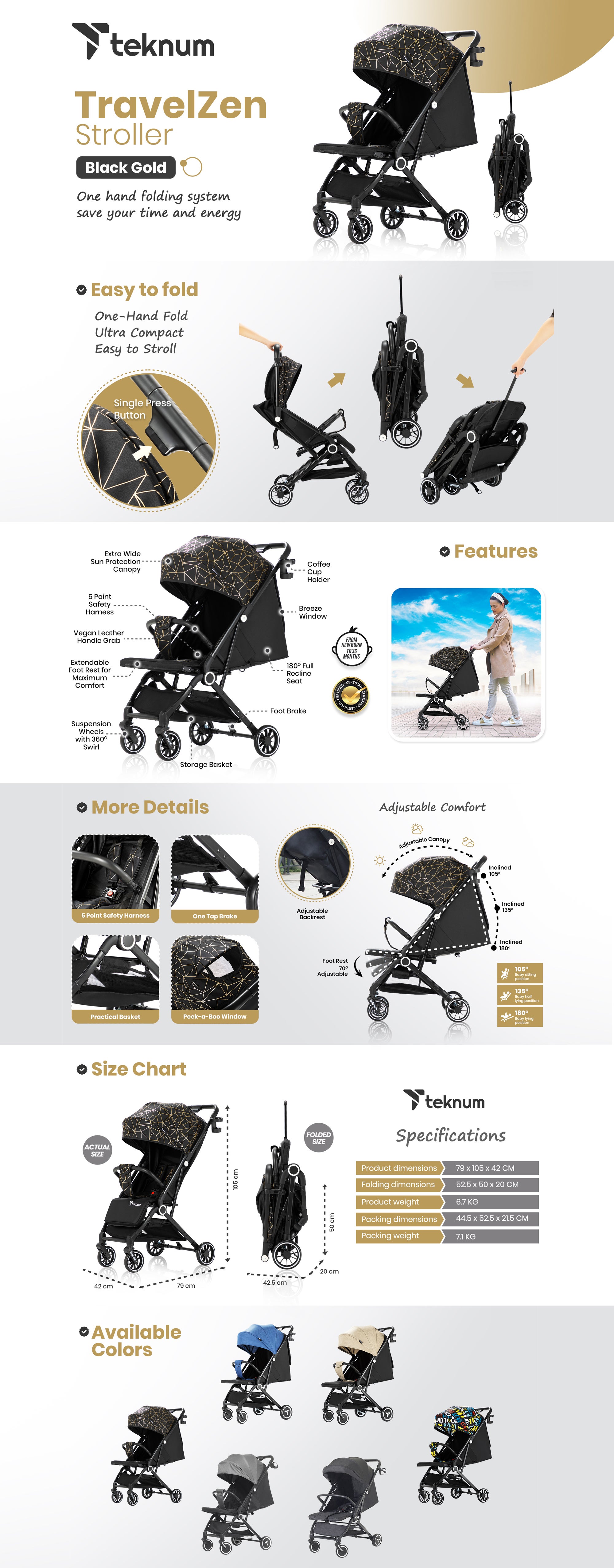 Travel Zen Stroller With Coffee Cup Holder - Black Gold