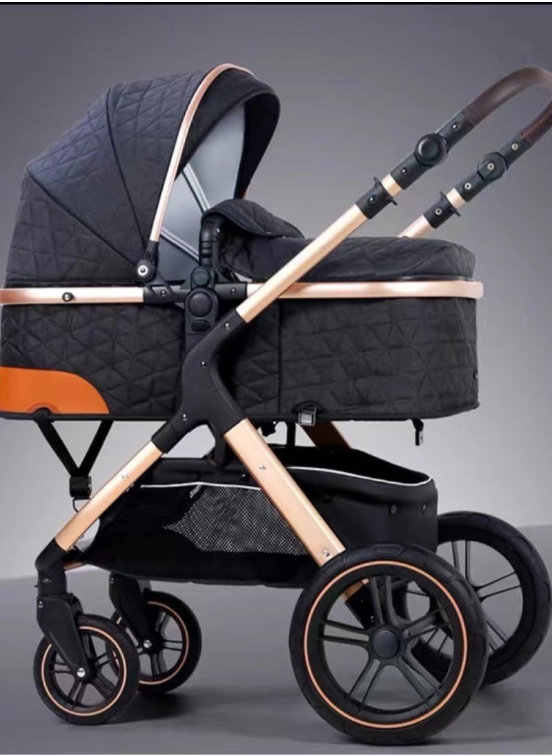 Belecoo One Fold-to-Half Luxury Baby Stroller 2-in-1 Travel Pram & Bassinet – Lightweight Compact Foldable Pushchair with Reversible Handlebar, Adjustable Reclining Backrest, Extendable Canopy, Shock Absorbing Wheels, Storage Basket – High Landscape Newborn & Toddler Stroller for Boys & Girls – Elegant Black