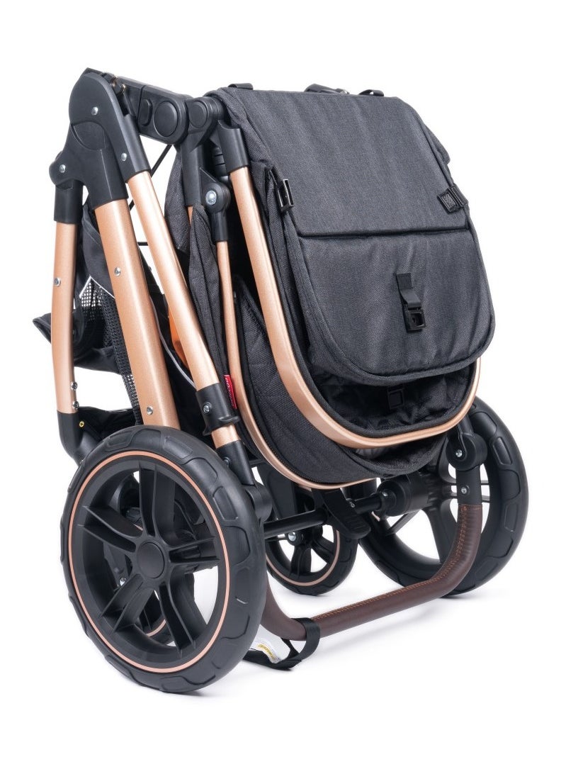 Belecoo One Fold-to-Half Luxury Baby Stroller 2-in-1 Travel Pram & Bassinet – Lightweight Compact Foldable Pushchair with Reversible Handlebar, Adjustable Reclining Backrest, Extendable Canopy, Shock Absorbing Wheels, Storage Basket – High Landscape Newborn & Toddler Stroller for Boys & Girls – Elegant Black