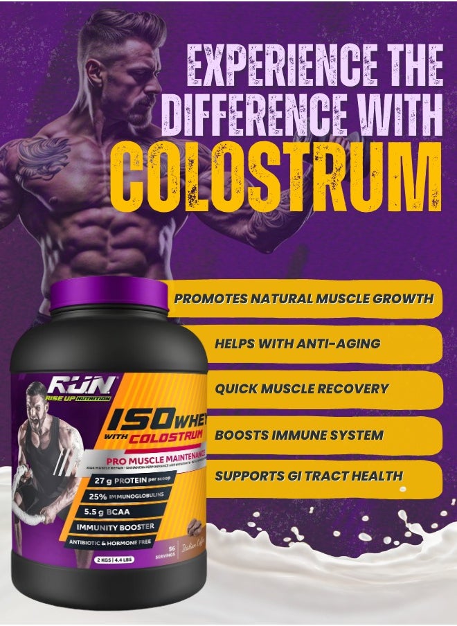 ISO WHEY With Colostrum, Lactose Free, Soy Free, Pro Muscle Maintenance, 27G Protein, 5.5G BCAA, Immunity Booster, 2KG (Italian Coffee)