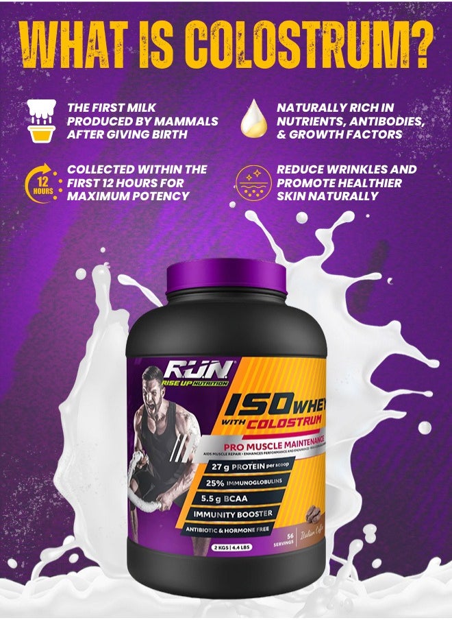ISO WHEY With Colostrum, Lactose Free, Soy Free, Pro Muscle Maintenance, 27G Protein, 5.5G BCAA, Immunity Booster, 2KG (Italian Coffee)