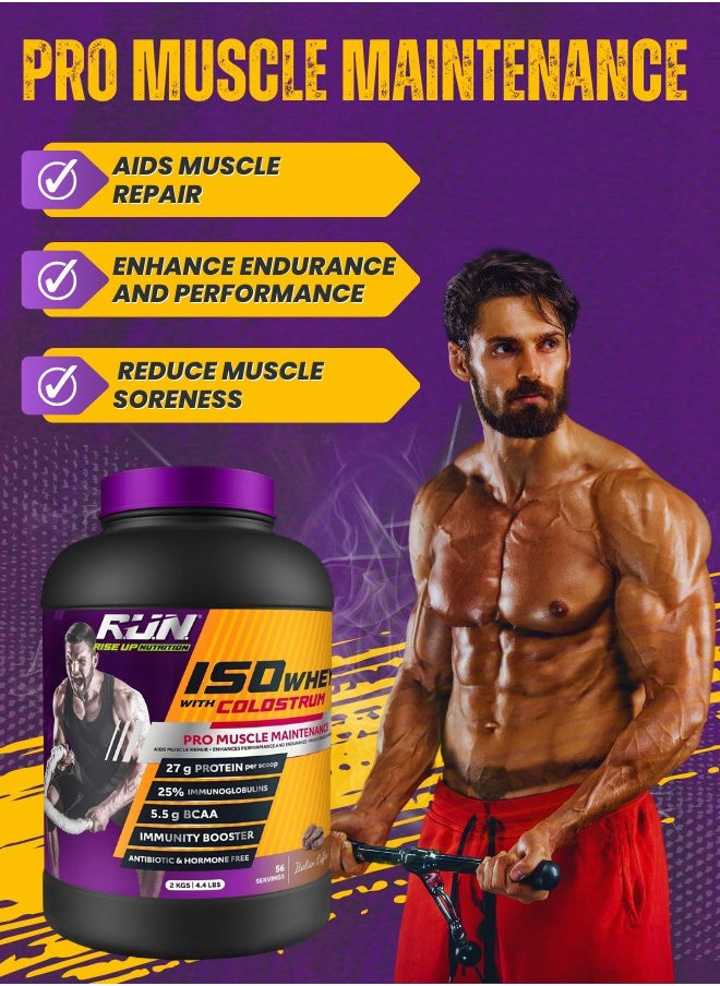 ISO WHEY With Colostrum, Lactose Free, Soy Free, Pro Muscle Maintenance, 27G Protein, 5.5G BCAA, Immunity Booster, 2KG (Italian Coffee)