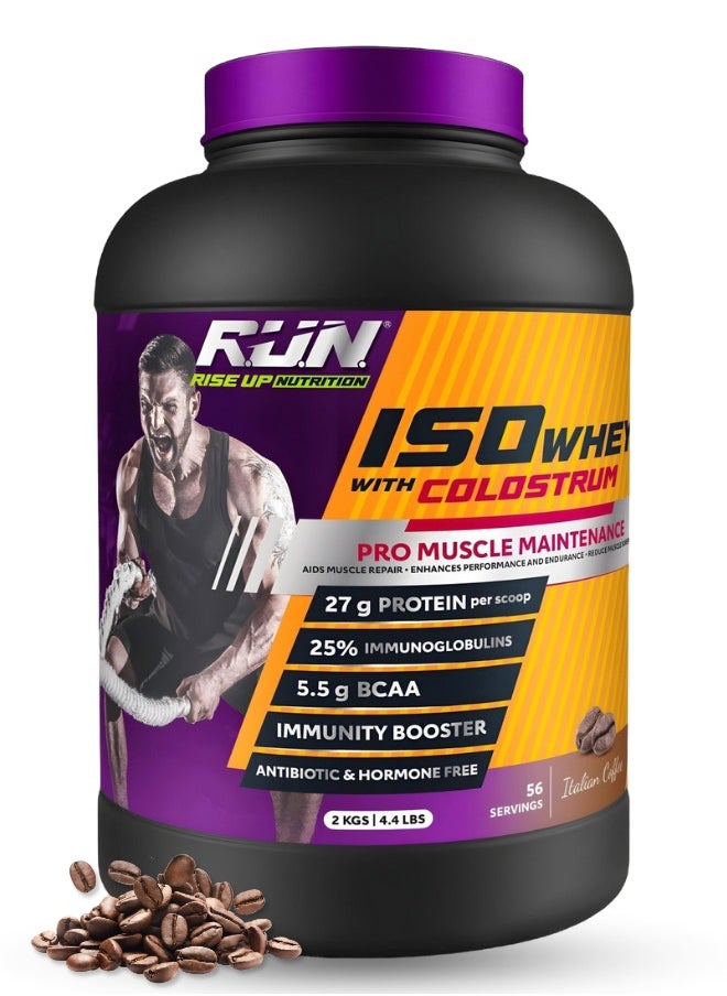 ISO WHEY With Colostrum, Lactose Free, Soy Free, Pro Muscle Maintenance, 27G Protein, 5.5G BCAA, Immunity Booster, 2KG (Italian Coffee)