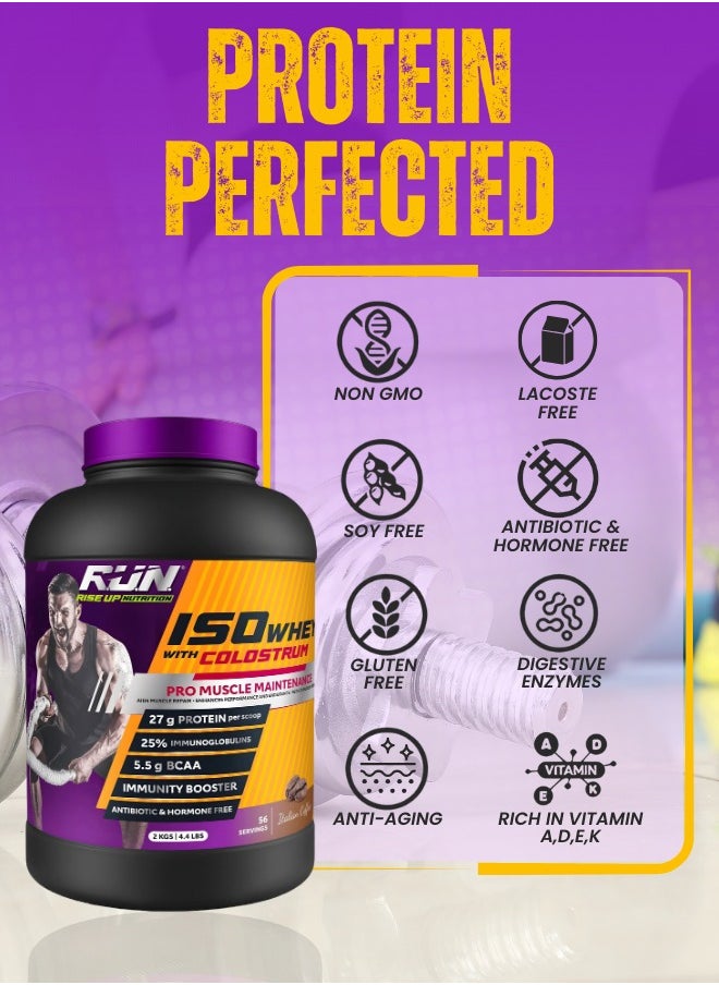 ISO WHEY With Colostrum, Lactose Free, Soy Free, Pro Muscle Maintenance, 27G Protein, 5.5G BCAA, Immunity Booster, 2KG (Italian Coffee)