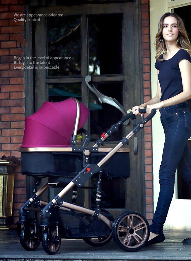 3 In1 Pram Stroller, Sleeping Bassinet And Extra Wide Seat With Wide Canopy For Baby Wine