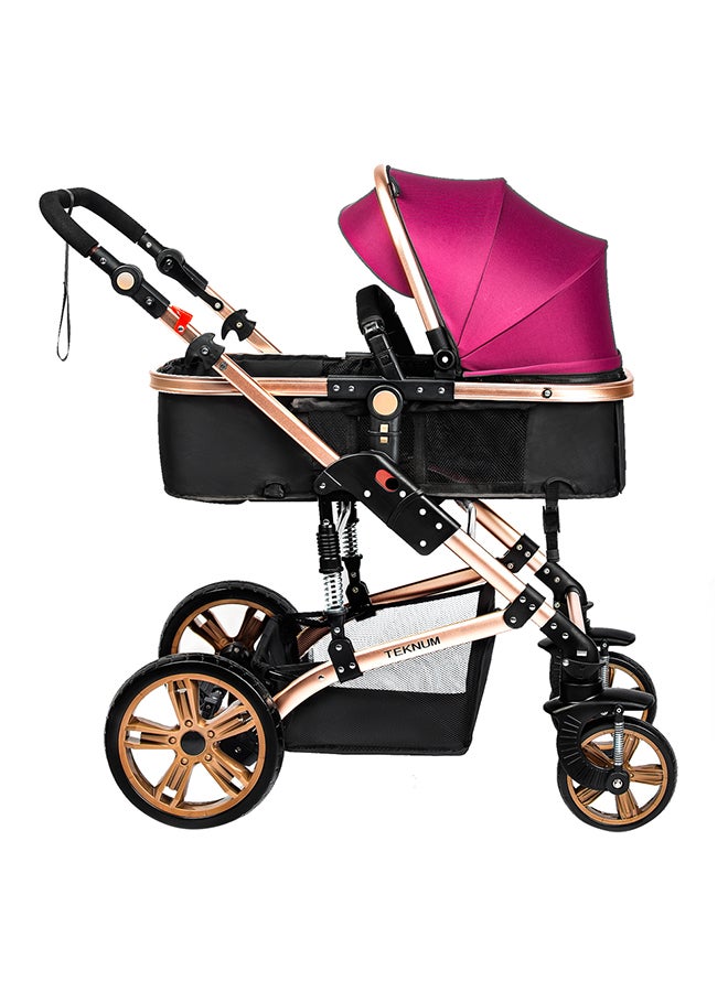 3 In1 Pram Stroller, Sleeping Bassinet And Extra Wide Seat With Wide Canopy For Baby Wine