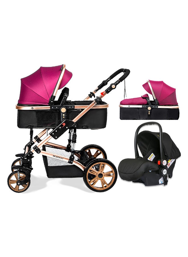 3 In1 Pram Stroller, Sleeping Bassinet And Extra Wide Seat With Wide Canopy For Baby Wine