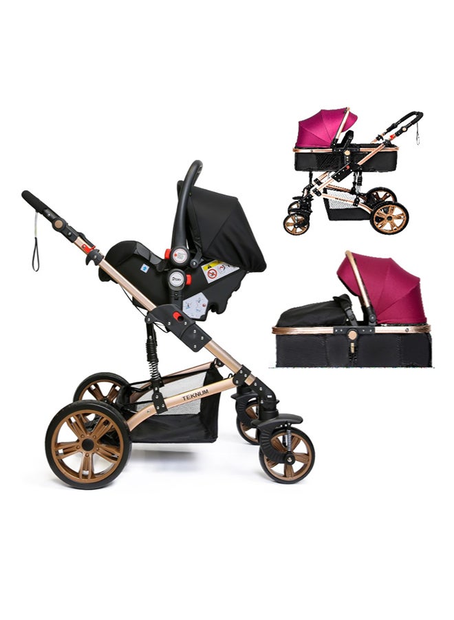 3 In1 Pram Stroller, Sleeping Bassinet And Extra Wide Seat With Wide Canopy For Baby Wine
