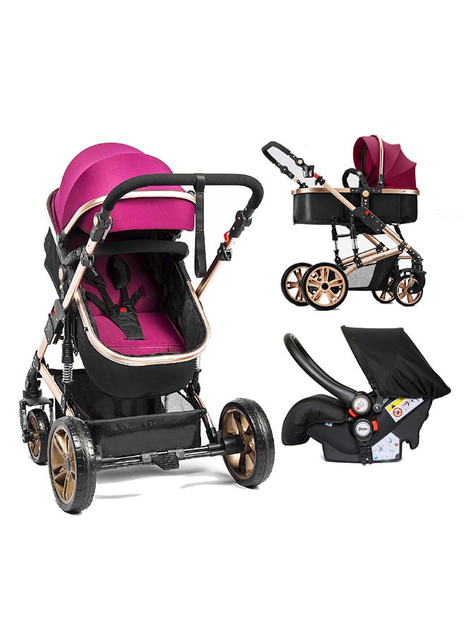 3 In1 Pram Stroller, Sleeping Bassinet And Extra Wide Seat With Wide Canopy For Baby Wine