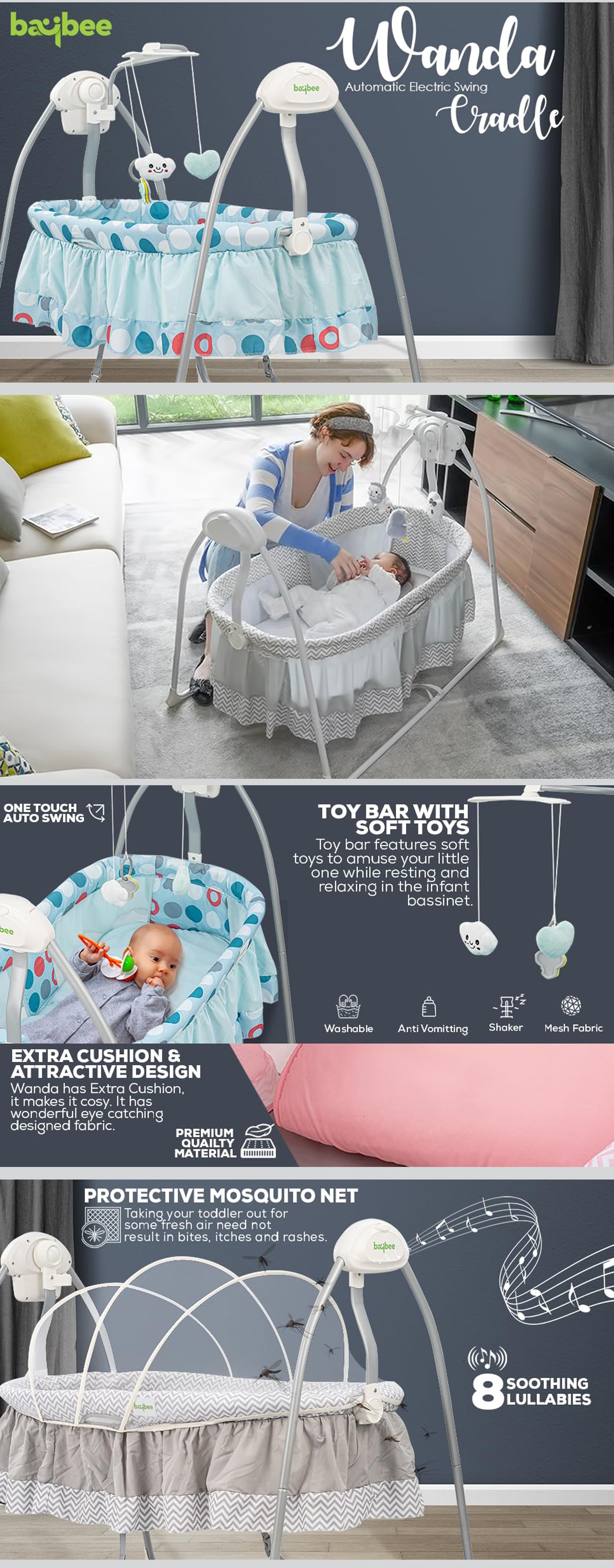 Wanda Electric Swing Cradle for Baby Automatic Swing Baby Cradle with Mosquito Net Remote Toy Bar Music Baby Swing Cradle for Baby 0 to 2 Years Boys Pink