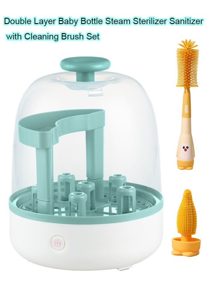 Bottle Sterilizer, Double Layer Baby Bottle Steam Sterilizer Sanitizer with Cleaning Brush Set For for Baby Bottles, Pacifiers , Large Capacity And 99.99% Cleaned In 8 Mins, 360 Degree High Temperature