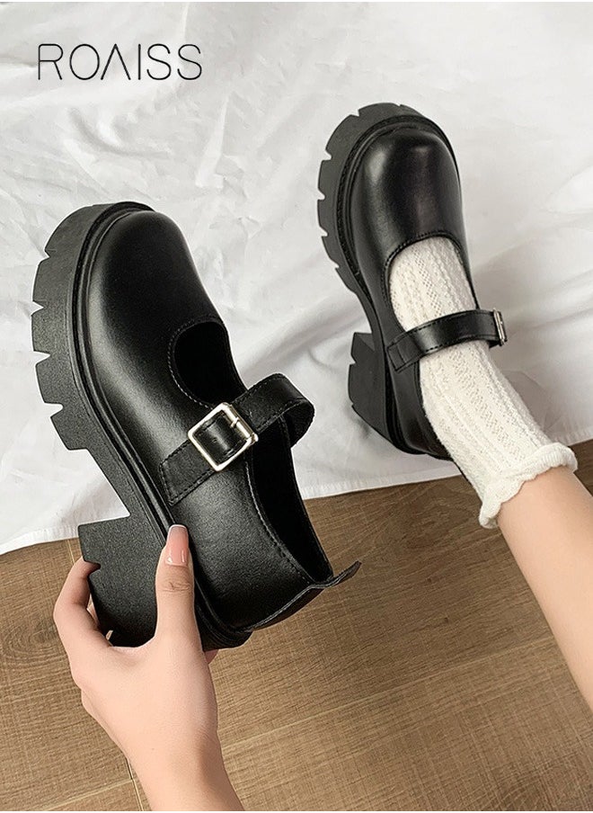 Mary Jane Chunky Leather Shoes for Women Square Toe Heeled Flatform Shoes with Buckle Decor Ankle Strap for Girls for Vintage Uniform Dress