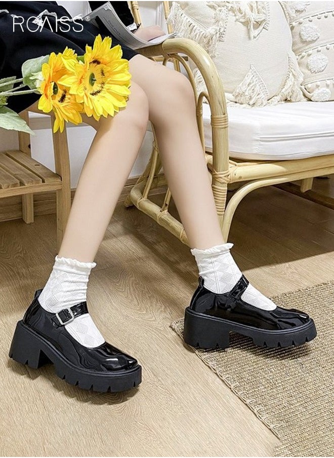 Mary Jane Chunky Leather Shoes for Women Square Toe Heeled Flatform Shoes with Buckle Decor Ankle Strap for Girls for Vintage Uniform Dress