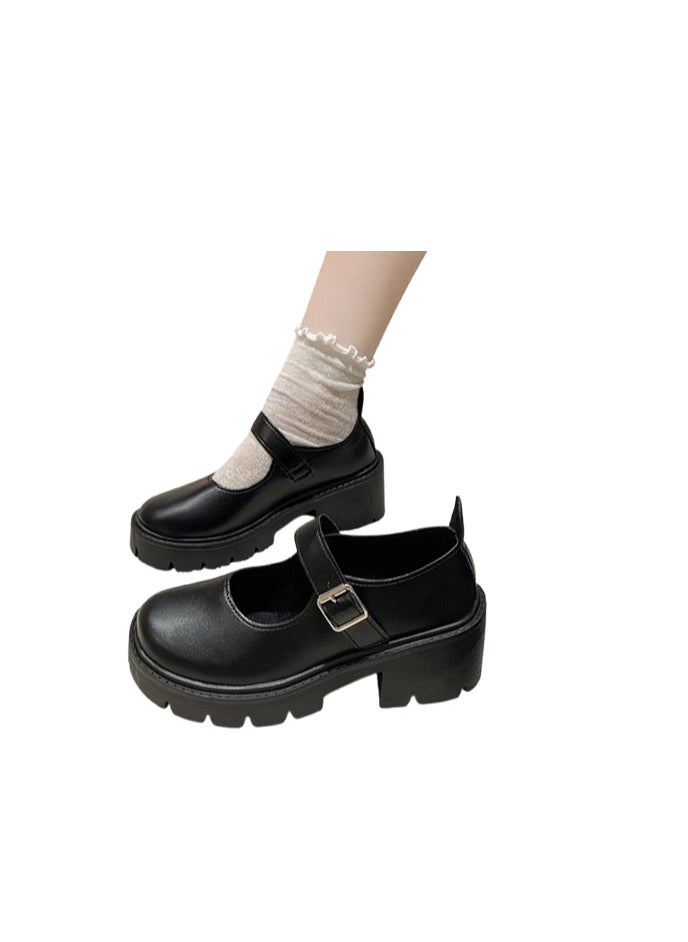 Mary Jane Chunky Leather Shoes for Women Square Toe Heeled Flatform Shoes with Buckle Decor Ankle Strap for Girls for Vintage Uniform Dress