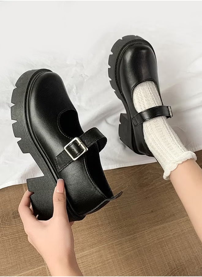 Mary Jane Chunky Leather Shoes for Women Square Toe Heeled Flatform Shoes with Buckle Decor Ankle Strap for Girls for Vintage Uniform Dress