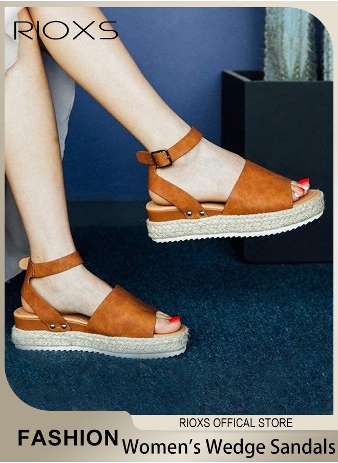 Women's Hollow Roman Wedge Sandals Round Open Toe Sandals Summer Comfortable Buckle Sandals