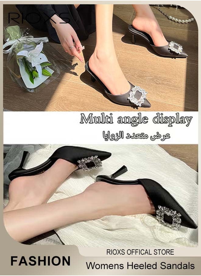 Women's Closed Pointed Toe Slip-On Backless Rhinestones Sandals Stiletto Slides Shoes For Work and Party Black Elegance