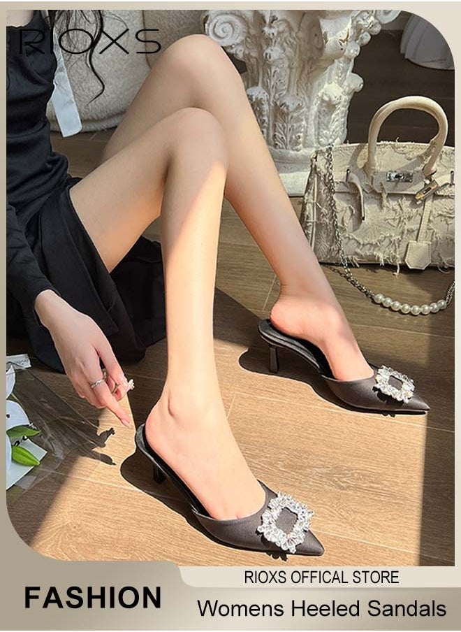 Women's Closed Pointed Toe Slip-On Backless Rhinestones Sandals Stiletto Slides Shoes For Work and Party Black Elegance