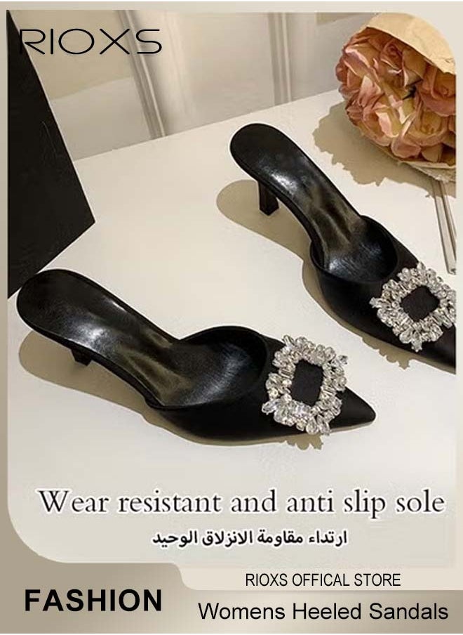 Women's Closed Pointed Toe Slip-On Backless Rhinestones Sandals Stiletto Slides Shoes For Work and Party Black Elegance