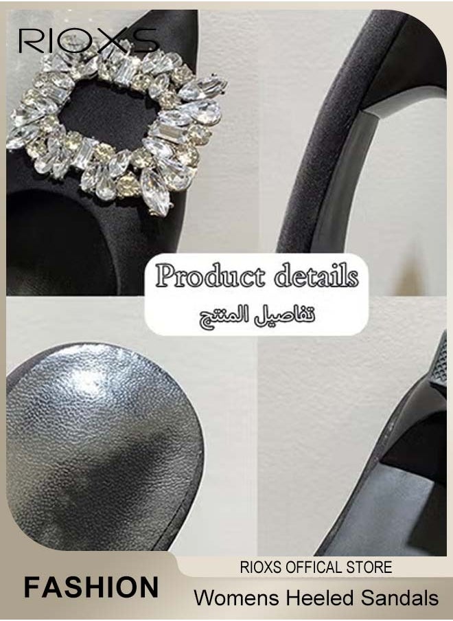 Women's Closed Pointed Toe Slip-On Backless Rhinestones Sandals Stiletto Slides Shoes For Work and Party Black Elegance